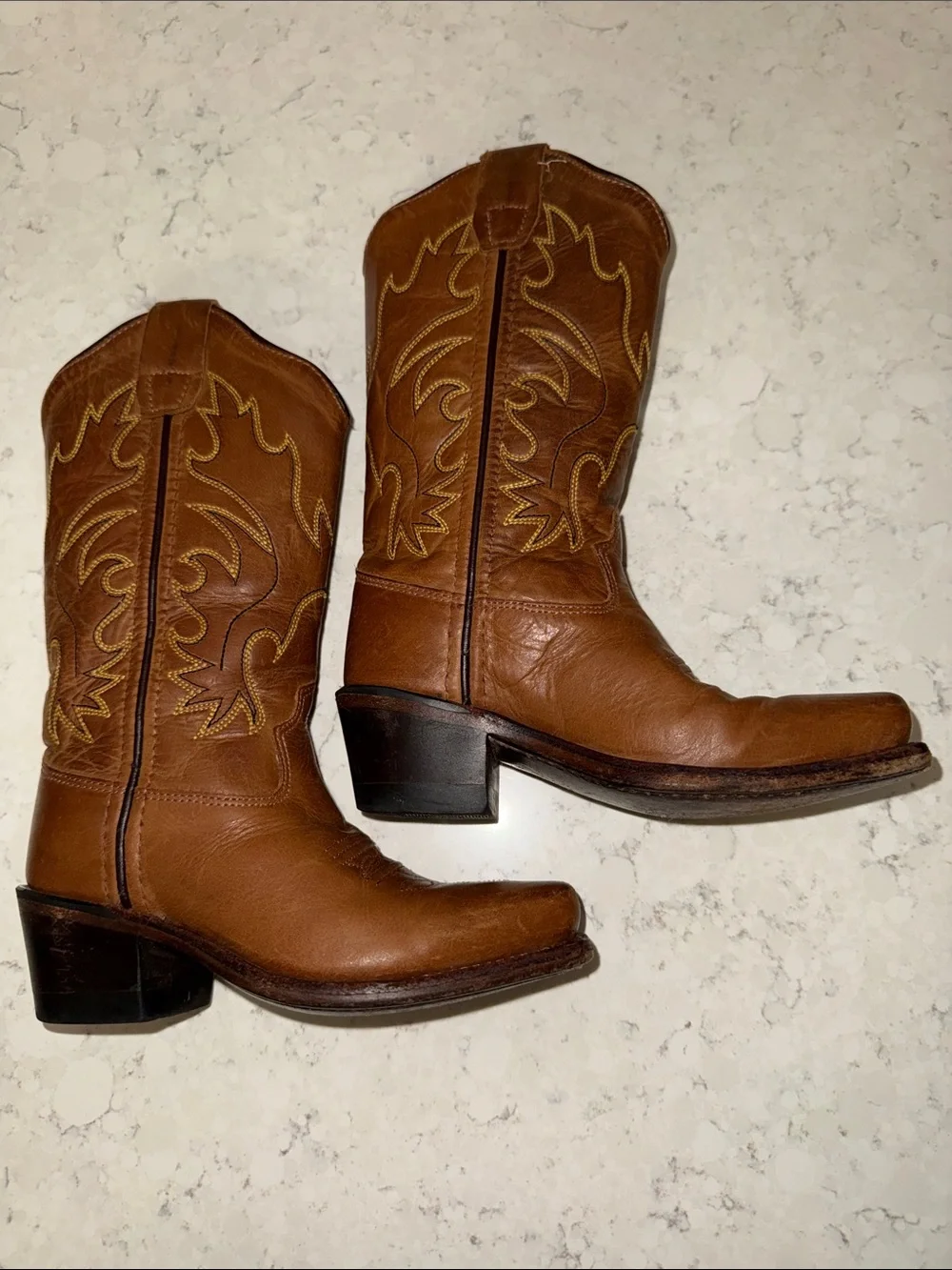 Old West Brown Leather Kids Western Boots with Yellow Stitching